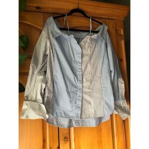 Mo & Co Fashion Striped Patchwork Cut Shoulder Shirt SZ L